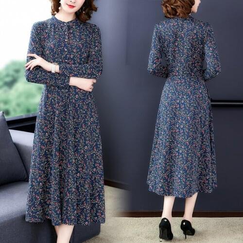Invierno Vestidos Long-sleeved Warm Stand Collar Dress Thick Floral Print Waist Temperament Big Swing Print Winter Dresses Z604