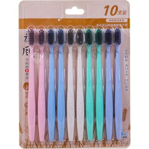 10Pcs Family Pack Eco-Friendly Wide Head Wheat Straw Toothbrush Bamboo Charcoal Soft Bristles Toothbrushes for Kids and Adults
