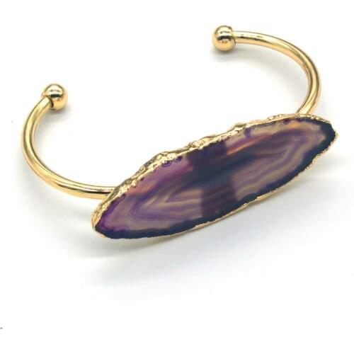 100-Unique 1 Pcs Exclusive Design Light Yellow Gold Color Irregular Shape Purple Agates Bangle Charm Jewelry
