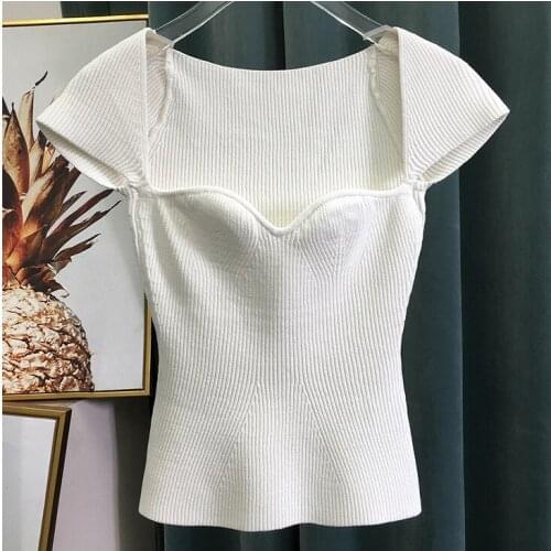 2020 New Summer Sexy Square Collar Knitted Shirts Pure Color Short Sleeve Slim T Shirt Tops For Women White Tees