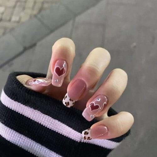 24pcs/set Cute Red Heart False Nails Square Pink Leopard Artificial Nail Art with Glue Beauty Full Fingernail Decoration Tips