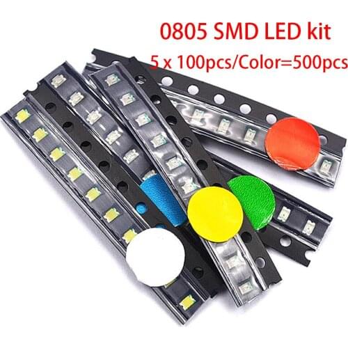 5 x 100pcs/Color=500pcs New 0805 Red/Green/Blue/White/Yellow SMD LED kit