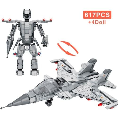 617Pcs 2 in 1 Survival Warfare Armed Fighter Model Building Blocks Military Deformed Aircraft Robot Bricks Soldier Figures Toys