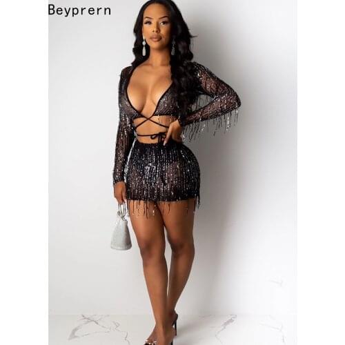Beyprern Chic Sequins Bandage Crop Top And High Waist Skirt Set Womens Tassle Sequins Tracksuit Night Out Celebraties Outfits