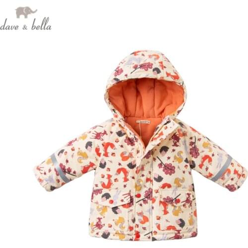 DB15847 dave bella winter baby unisex fashion cartoon print pockets padded hooded coat children tops infant toddler outerwear