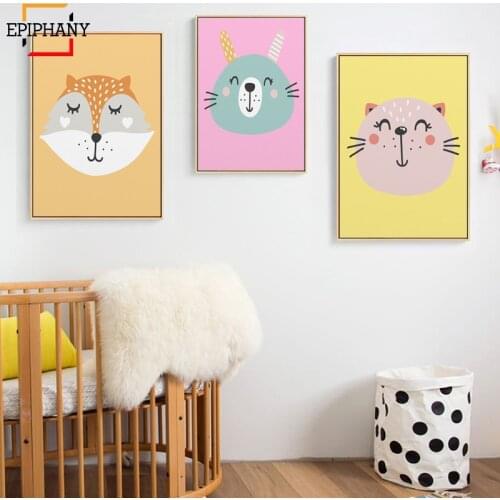 Nursery Print Girls Cute Animal Faces Wall Painting Tribal Animals Fox Bear Cat Canvas Prints Cartoon Kids Bedroom Decortion