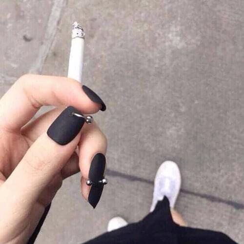 Gothic matte black pure color with sliver ring 3D fake nails Japanese cute false nails 24pcs lady full nail tips party nail art