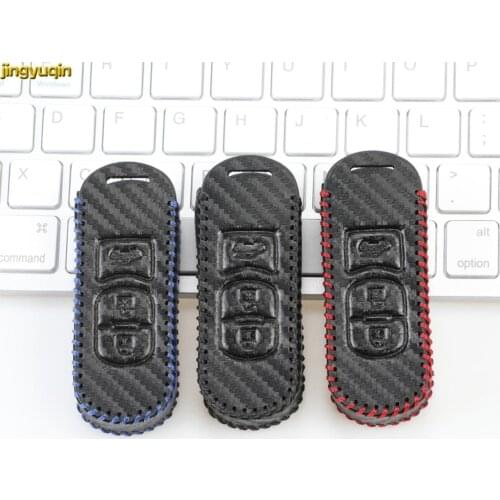 Jingyuqin Leather Carbon Remote Car Key Case Cover For Mazda X-5 Summit Axela Atenza M3 M6 Emergency Key Blade Holder