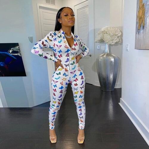 2021 Women Butterfly Printed Jumpsuits Sexy Ladies Long Sleeve Fitness Jumpsuit Slim Fit Zipper Jumpsuits Romper Overalls
