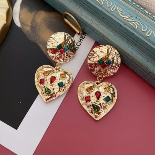 Fashion Gold Metal Dangle Retro Earrings Meometry Alloy Colorful Glass Stone Teardrop Statement For Women Party Accessories