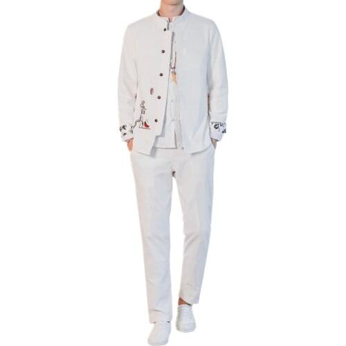 Chinese Style Mens Suits 2020 Autumn New Fashion Embroidery Set Classic Male Stand-up Collar Blazers and Pants