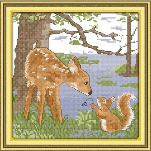 A deerlet and a squirrel Cross Stitch Kits Printed Canvas DMC Counted printed Cross-stitch set Embroidery Needlework Kit DIY