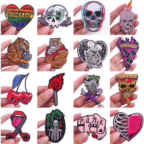 DIY Hippie Embroidered Patches On Clothes Tiger Skull Iron On Patch Punk Biker Stripes For Jackets Applique Fusible Patch Badge