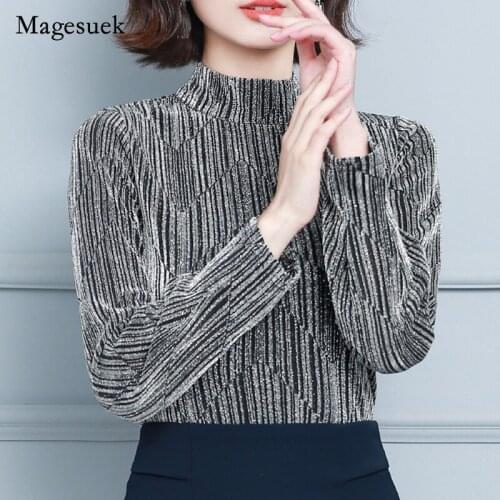 2021 Autumn New Half High Collar Blouse Bright Silk Mesh Long Sleeve T-shirt Womens Elegant Sexy Shinny Slim Tops Blusas 16735