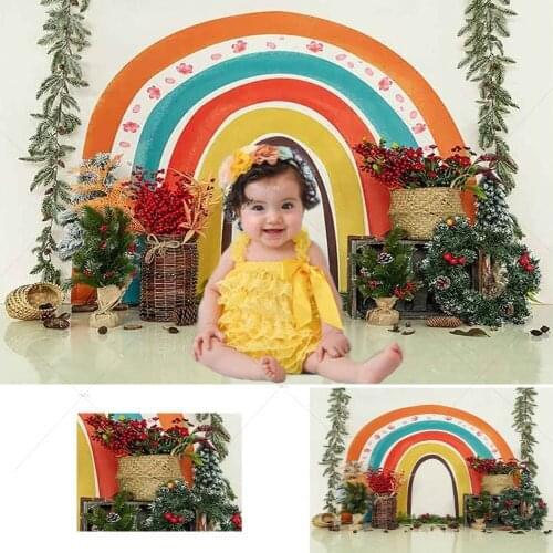 Christmas Cartoon Rainbow Photo Backdrop Green Pine Bars Tree Wreath Photography Background Xmas Family Party Portrait Studio