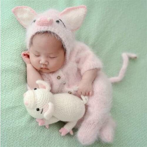 Pink New born Girl Footed Romper Knitted Animal Hat Set Lovely Newborn Outfit Animal Costume Year of Pig Bonnet Photography Prop