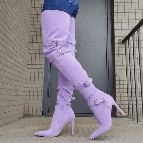 SEIIHEM Women Thigh High Boots Pointed Toe Buckle Straps Heels Over Knee Side Zip Ladies Full Zip Shoes Woman Big Size 41 44 47