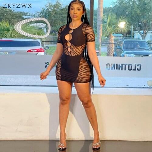 ZKYZWX Sexy Mesh See Through Hollow Out Bodycon Mini Dress Women Fall Night Party Club Outfits Short Sleeve Birthday Dresses