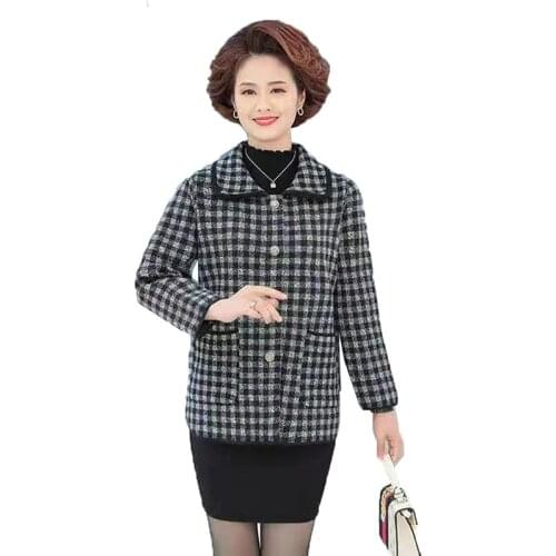 Womens Blended Woolen Coat Autumn Winter Plus Size Plaid Jacket Middle-Aged Elderly Mothers Knitted Sweater Outerwear Tops 5XL