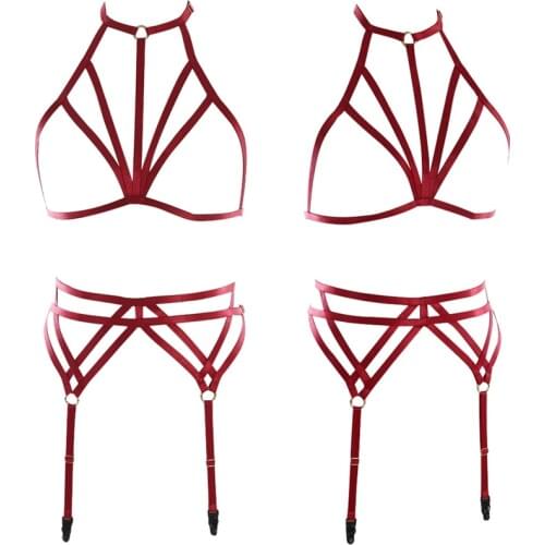 Wine Red Sexy Hollow Out Cage Bra Strap Adjust Body Harness Wedding Bride Leg Garter Belt Goth Body Cage Bondage Harness Set