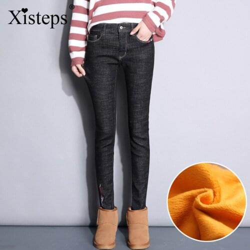 Xisteps New 2020 Winter Thick Gold Warm Velvet Women Jeans Female Pencil Pants Skinny Stretch Casual Trousers Plus Size Black
