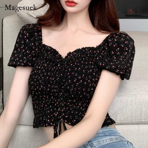 Plus Size Summer 2021 Sweet Women Shirt Slash Neck Off Shoulder Short Tops for Women Sexy Vintage Floral Slim Shirt Blusas 14895