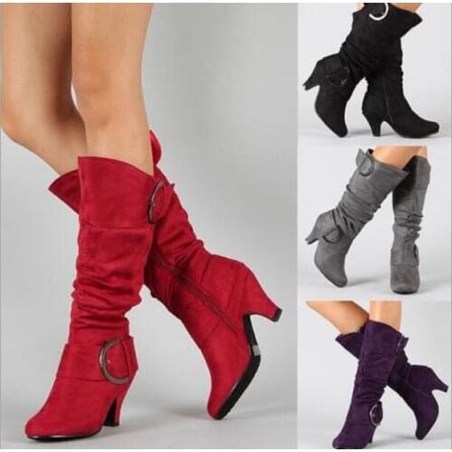 2020 Lady Knee High Buckle Boots Women Fashion Autumn Spike Heels Round Toe Shoes 4 Color
