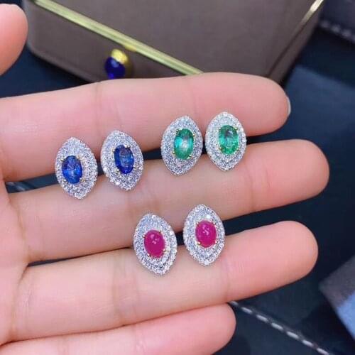 S925 Silver Natural Ruby Sapphire Emerald Stud Earrings for Women Fine Jewelry Real Multicolored Gemstones #Q704