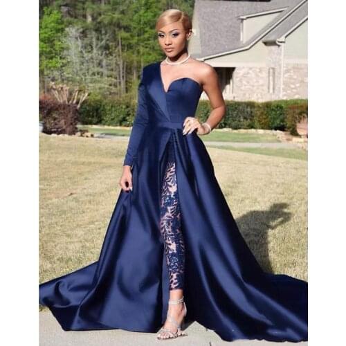 Jumpsuits Dresses Evening Wear One Shoulder Saudi Arabia Women Appliqued Navy Blue Lace Prom Party Dress Pant Suits Evening Gown