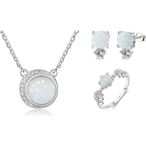 925 Sterling Silver Jewelry Sets Clear Cubic Zircon Women Rings Round Opal Stud Earrings Necklaces Pendants Wedding Jewelry Sets