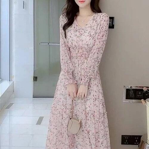 2021 Spring Autumn Casual Floral Print Chiffon Dress Full Sleeve Long Dresses Elegant Women Bodycon Party Vestidos Y567
