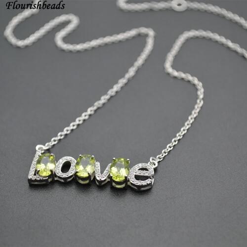 3pc High Quality Paved CZ Beads 925 Silver Natural Green Peridot Stone Love Pendant Collarbone Chains Necklace