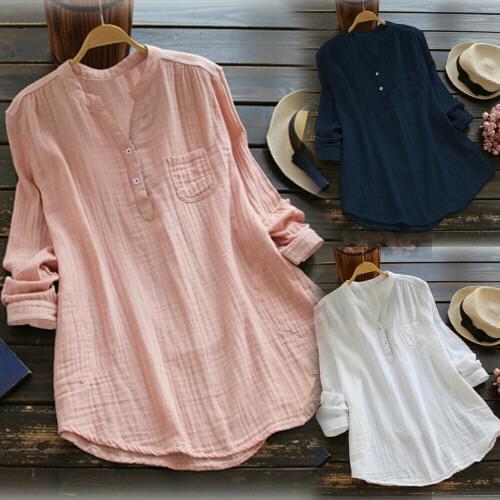 New Women Plus Size Blouse Summer Solid V Neck Blouses Loose Baggy Tops Tunic Shirts Womens Button Long Sleeve Tops Blusas Mujer
