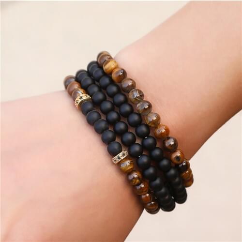 4Pcs/set Fashion 6mm Tiger Eye Stone Bead Bracelet Sets Men Matte Black Matte Stone Bead CZ Bracelet Sets For Men Jewelry Gift