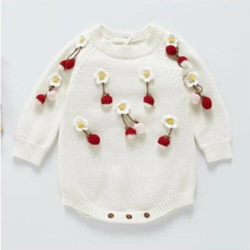 Autumn Cute Kids Baby Girl Knit Clothes Rompers Spring Baby Girls Long Sleeve Strawberry Printing Rompers Jumpsuit Clothes