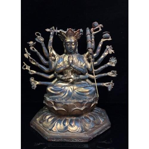 11"Chinese temple collection Old Bronze Cinnabar Lacquer Northern Wei Buddha Zhunti Bodhisattva Thousand-Hand Guanyin Ornaments