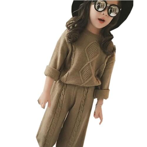 New Spring Kids Girls Solid knitwear Sweaters+Knitted Pant 2Pcs Suits Children Casual Sets Baby Girls Soft Cotton Sets