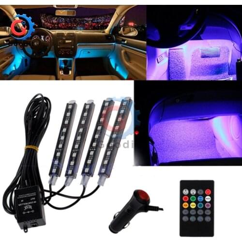 4pcs Auto Interni RGB Color 9 LED Strip Light Kit Wireless Music Control Automatic Controller 7 color For Atmosphere SMD5050