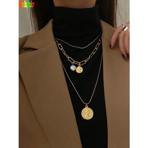 Kshmir Fashionable multi-layer necklace metal gold bean chain round head pendant necklace exaggerated chain woman 2020