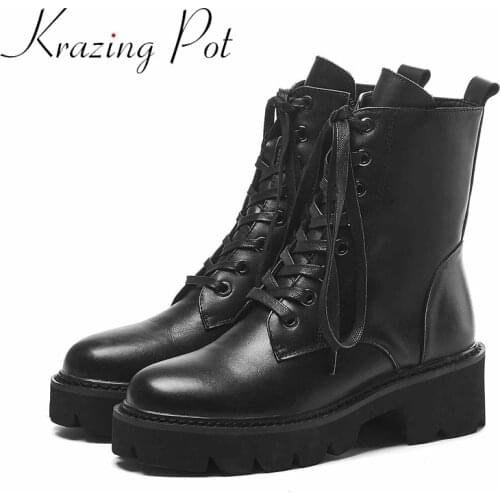 Krazing Pot superstar genuine leather thick med heel motorcycle boots platform round toe metal rivets lace up ankle boots l36