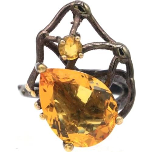 27x19mm Neo-Gothic Water Drop Vintage Created 18x13mm Golden Citrine Rhodolite Garnet Gift Black Gold Silver Rings Punk Style