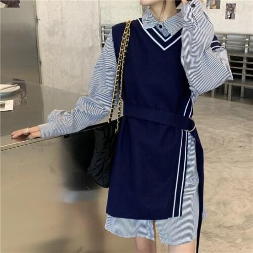 2020 autumn blue striped mid-length shirt design sense niche vest two-piece dress