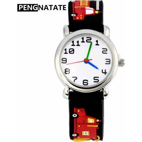 PENGNATATE 3D Cartoon Fire Truck Watches For Boys Fashion Students Kids Gift Children Quartz Watch Silicone Bracelet Wristwatch