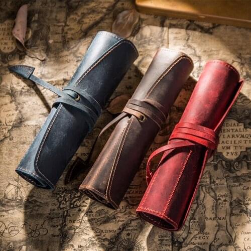 Retro Head Layer Leather Pen Curtain Leather Pen Bag Simple Art Pen Curtain Multifunction Scroll Pen Case pencil holder