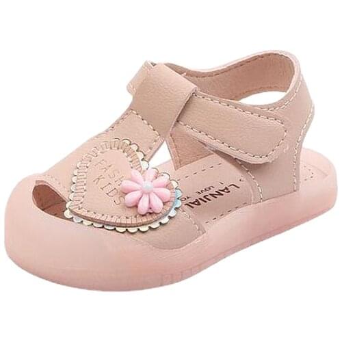 Toddlers Girls Floral Sandals Baby First Walkers Kids Summer Beach Shoes T-strap Cut-outs Covered Toes Anti-kick Flowers Sweet