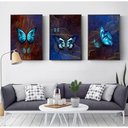 Modern Luxury Minimalist Poster Background Gold Line Blue Butterfly Canvas Painting Wall Art Mural Home Decoration Living Room