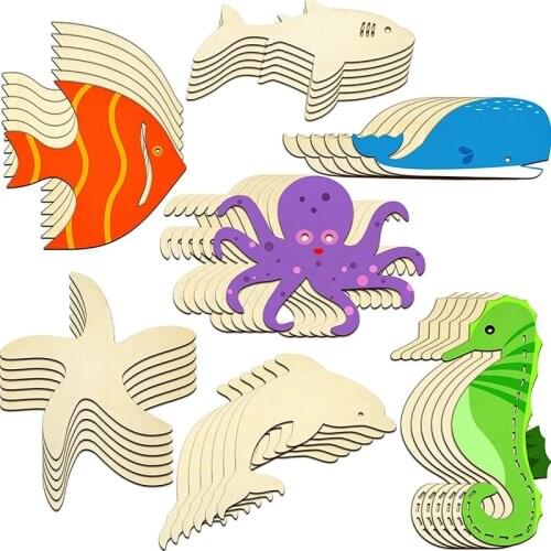 42 Pieces Unfinished Wood Cutouts Ocean Animals Wooden Paint Crafts For Kids Home Decor Ornament DIY Craft Art Project
