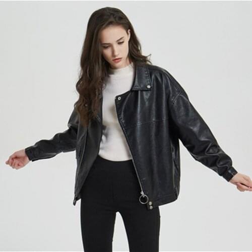 2019 new Women Leather Jacket Korean version of the loose lapel street style Biker Jacket Fashion casual PU Female Leather Coat
