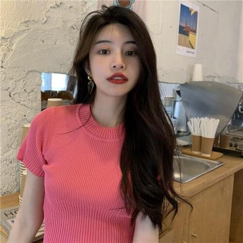 Woman TShirts Blue Knitted Short-Sleeved T-shirt Womens Summer 2021 High Waist round Neck Top Crop Top Mujer Camisetas