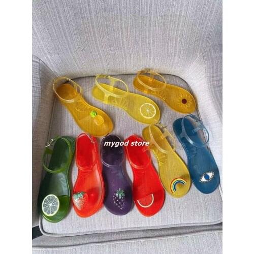 2021 hot sale Women Slippers Summer Candy Color Rainbow Fruit Icon Beach Shoes Flip-flops Transparent Flat Soft Ladies Sandal